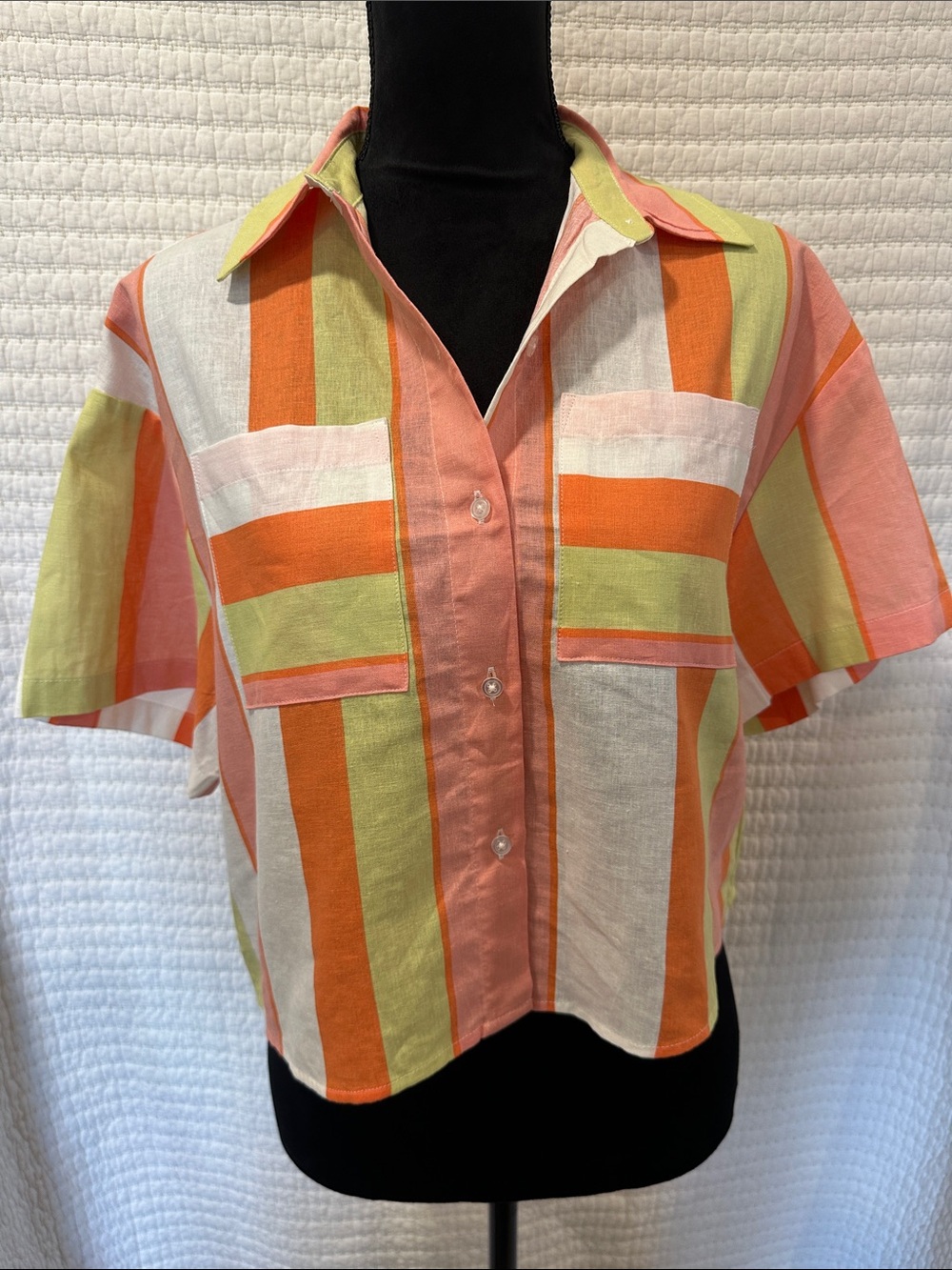 Express Multicolor Striped Cropped Button-Up Coral, Orange, Lime and White NWT